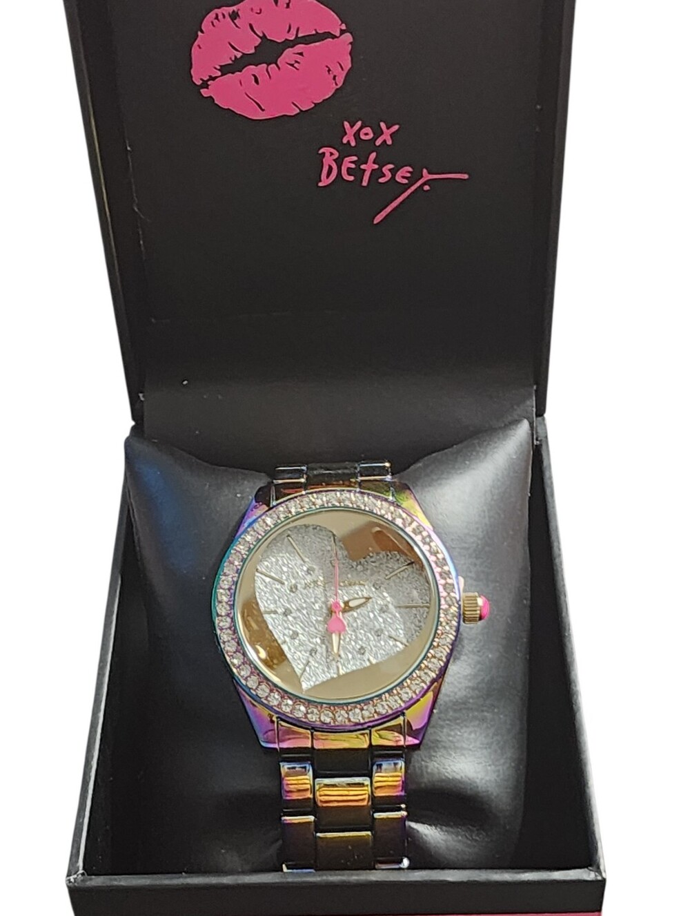 Betsey Johnson Iridescent Metal Watch Crystal Heart Dial